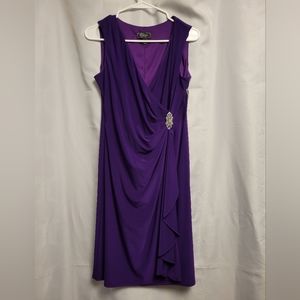 Dressbarn Sleeveless Faux Wrap Purple Dress with Brooch Occasion Event